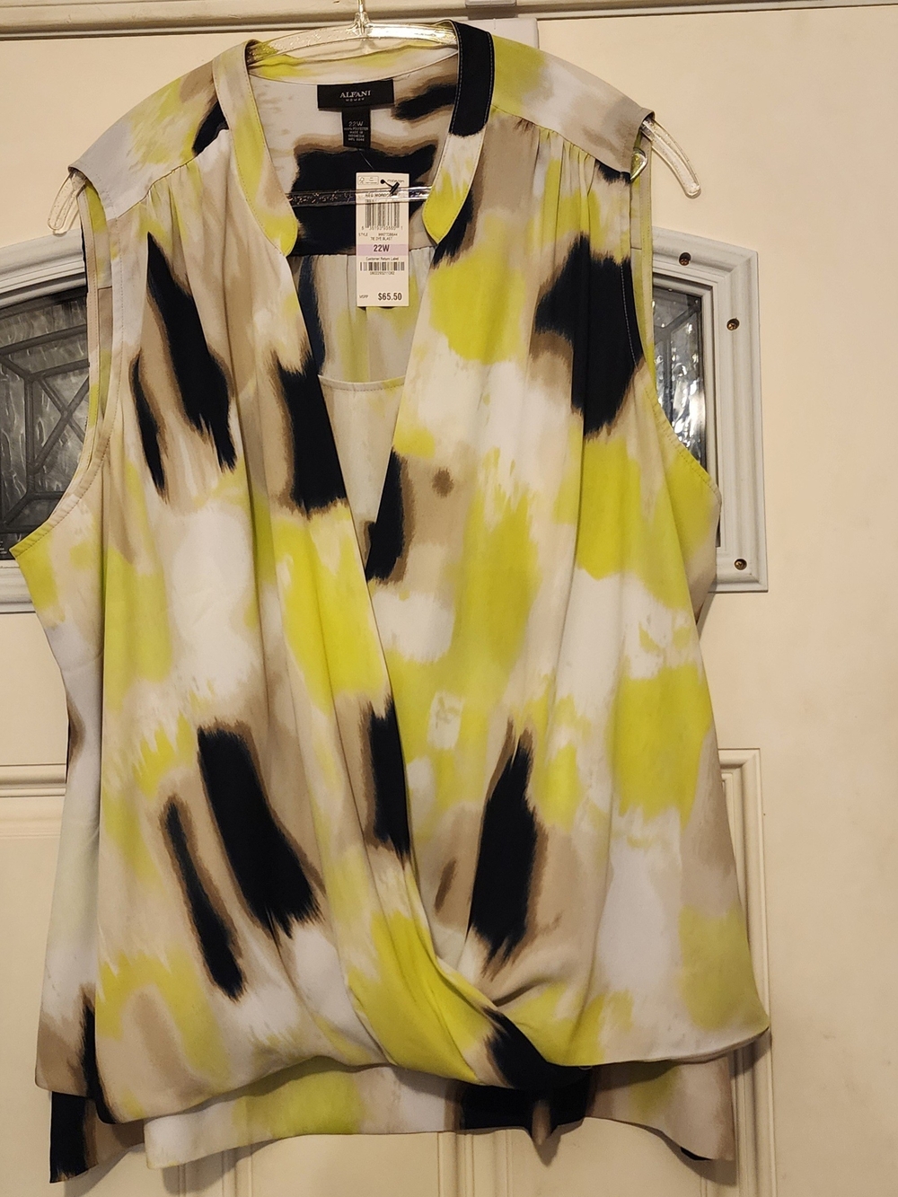 Alfani Sleeveless Surplice Blouse in Green, Navy, Beige